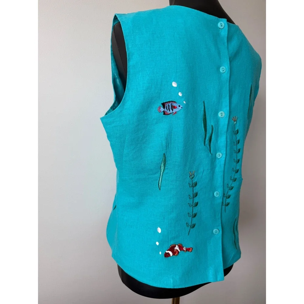 Ultra Dress New York Turquoise Linen Blend Tropical Fish Embroidered Top Size 14